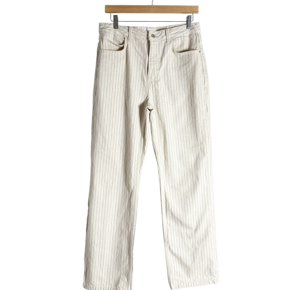 Zara Cream Blue Pinstripe High Rise Straight Leg Denim Jeans Preppy Size 8